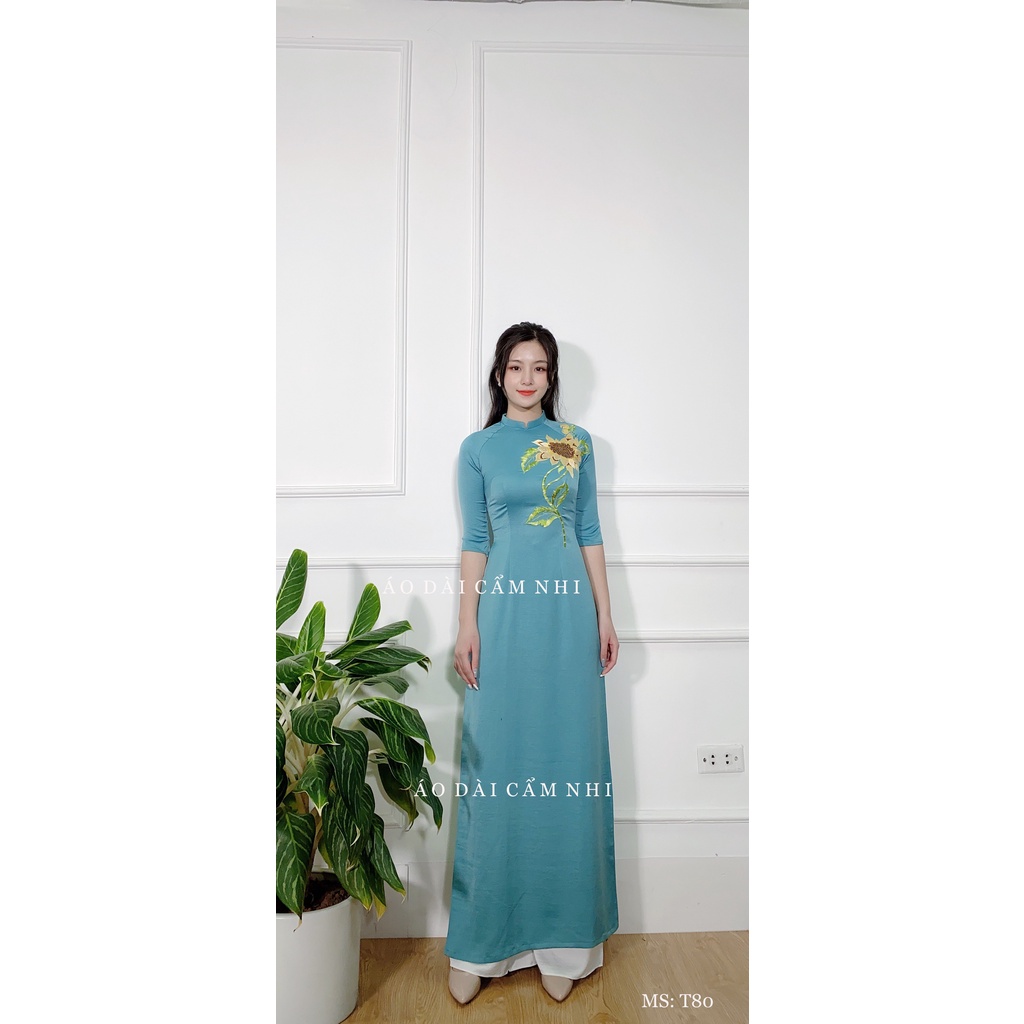 Áo Dài Truyền thống Thêu hoa Hướng dương đính phale cao cấp - Có 3 màu Xanh, Đỏ, Vàng