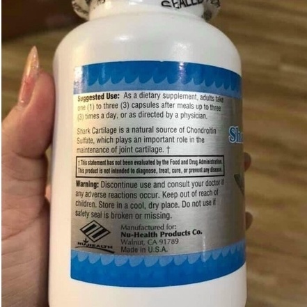 Viên uống Sụn Vi Cá Mập NuHealth Của Mỹ SHARK CARTILAGE SUPER II  cải thiện Cơ, Khớp, Xương 100 viên