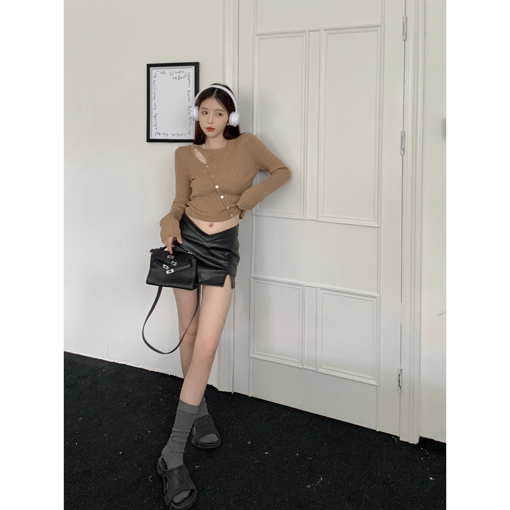 Áo cardigan Dệt Kim Mỏng Màu Trơn Cổ Tròn / Váy Đen Lưng Cao Thời Trang Hàn Quốc