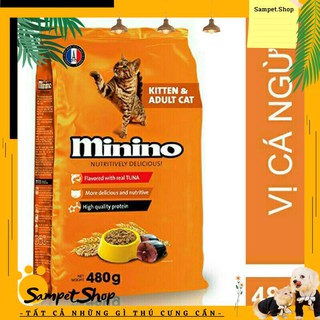Thức ăn hạt Minino vị cá ngừ 480g cho mèo con và mèo trưởng thành