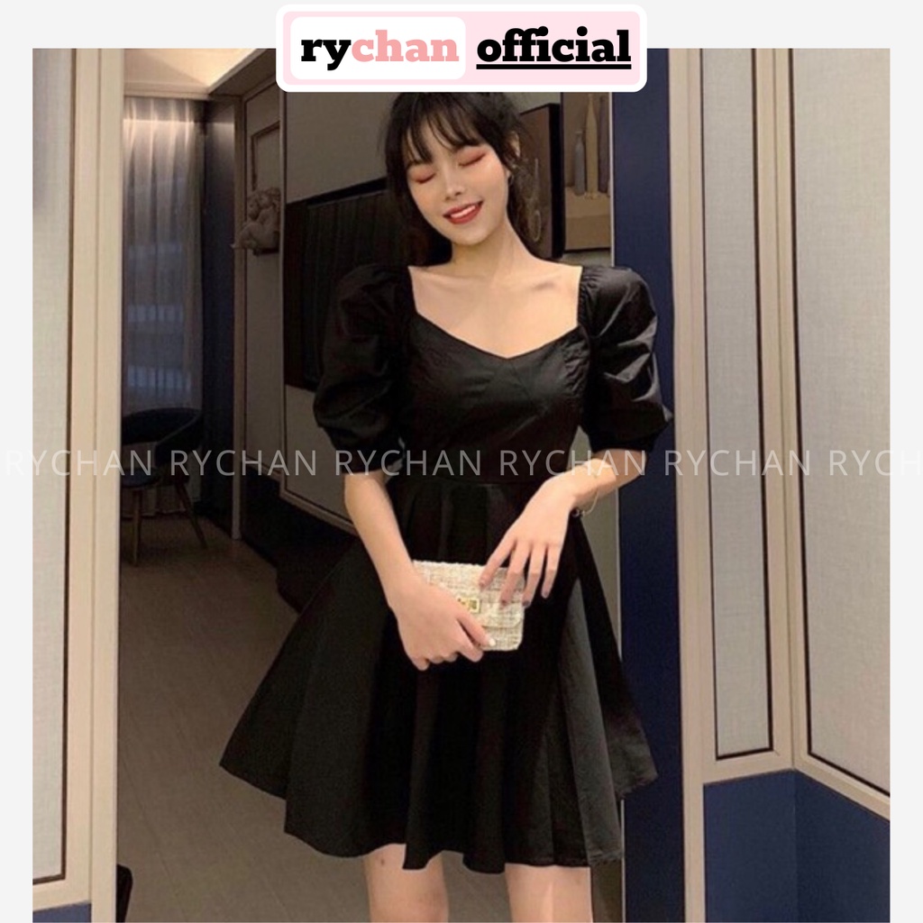 Đầm Xòe Nữ Dự Tiệc Cổ Tim Tay Ngắn Phồng Thiết Kế Ngực Cực Hút Mắt Màu Đen Trắng - DX9936