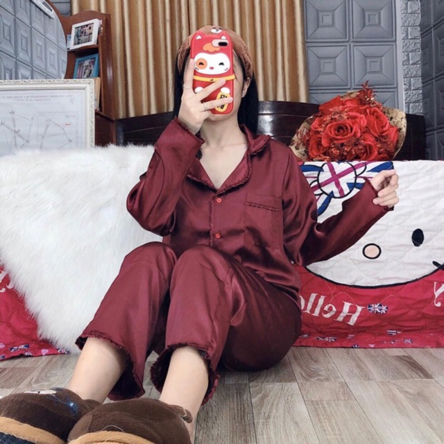 Đồ bộ pijama Lụa viền bèo-Tay dài Quần dài