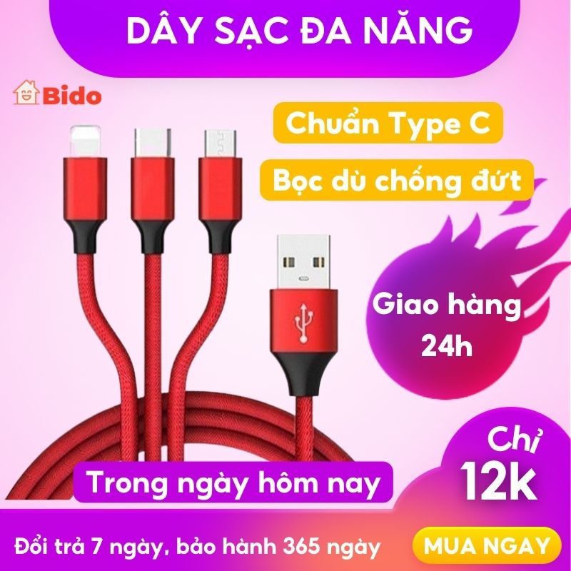Cáp Sạc Nhiều Đầu Đa Năng | Dây Cáp Sạc 3 Đầu Thông Minh Dây Dù Cực Bền | Dây Sạc 3 in 1 – WAWA108