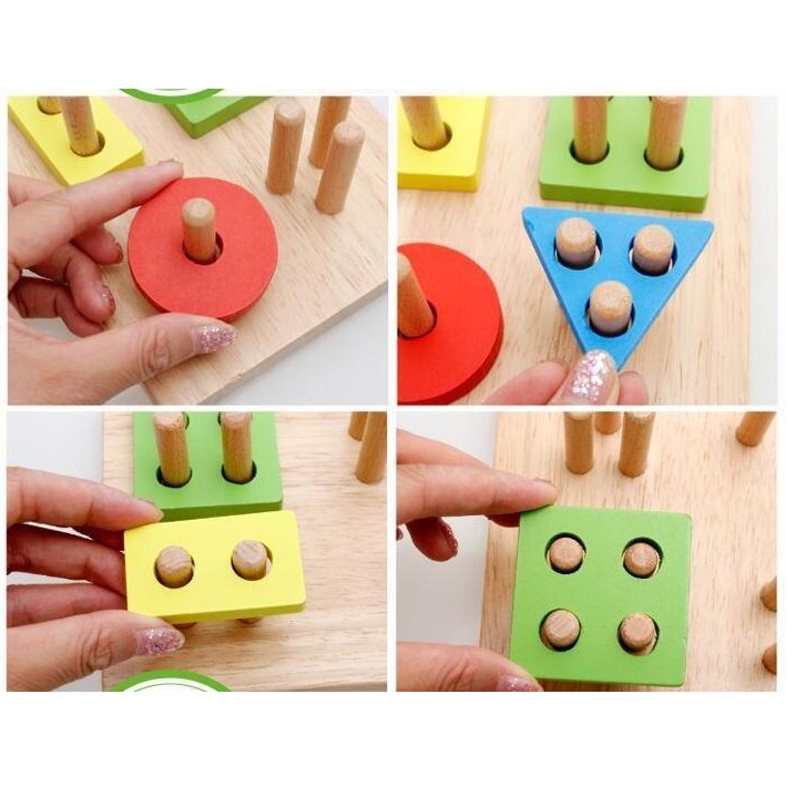 Đồ chơi thả hình 4 trụ vào thanh gỗ cho bé làm quen hình khối