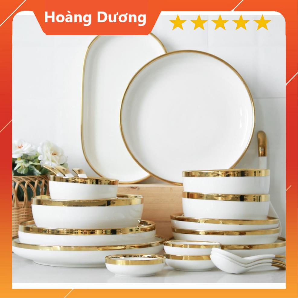Bát ăn cơm viền vàng cao cấp, bộ bát sứ viền vàng, bộ đĩa sứ viền vàng, đũa ăn cơm inox 304 cao cấp