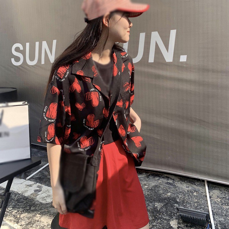 Áo Sơ Mi Voan Tay Ngắn Dáng Rộng In Hình Trái Tim Xinh Xắn Hợp Thời Trang