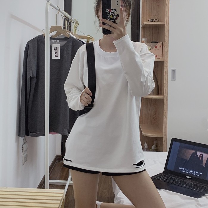 Áo sweater dáng dài form rộng kiểu dáng rách cá tính vanmiushop
