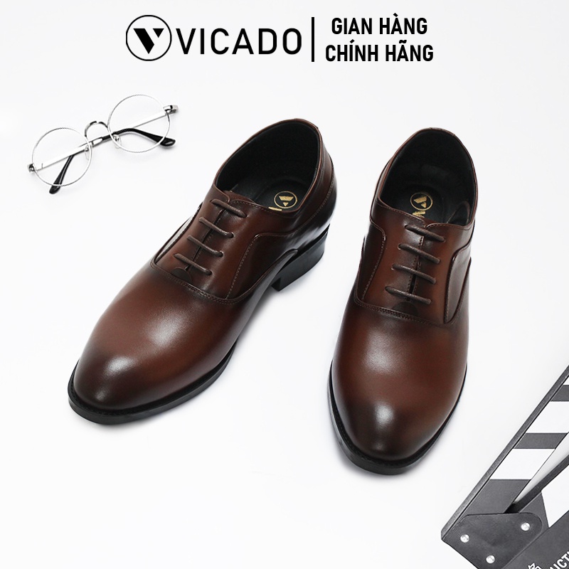 Giày tăng chiều cao nam da bò cao cấp công sở Oxford Vicado VB0115 màu nâu buộc dây