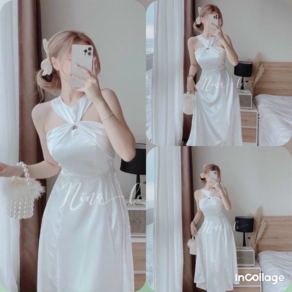 Đầm váy nữ phi lụa họa tiết màu trắng quý phái, cổ dây trẻ trung sang trọng thanh lịch