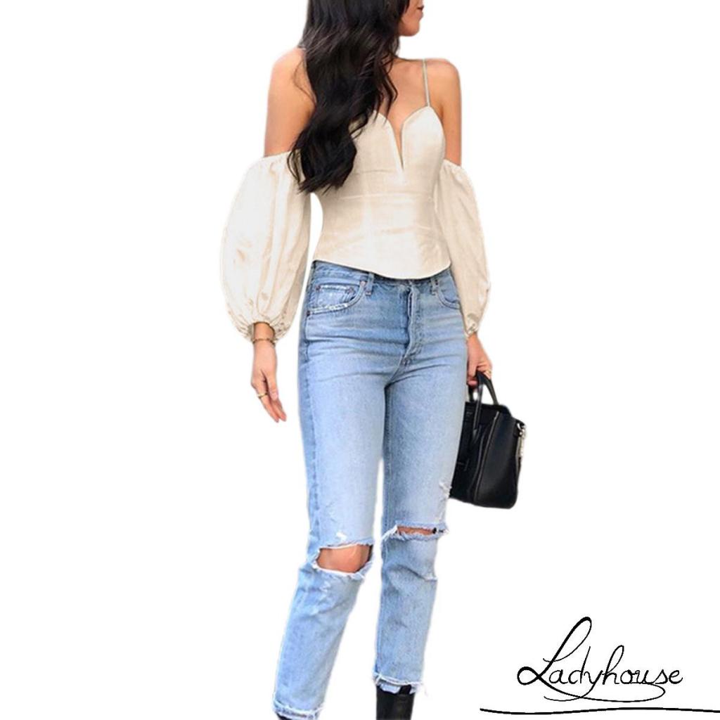 Áo Croptop Trễ Vai Cổ Chữ V Tay Phồng Ngắn Gợi Cảm Cho Nữ