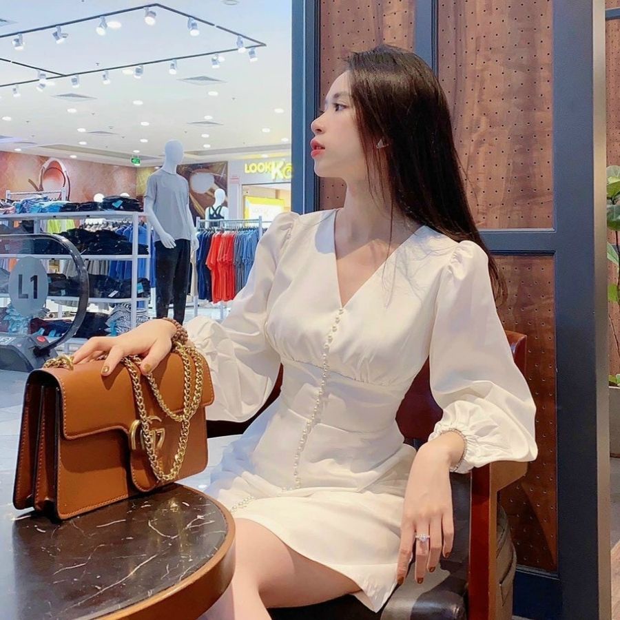 Đầm trắng tay dài, váy trắng tiểu thư xinh xắn N134 váy tay dài đính ngọc ở giữa đẹp dịu dàng sang chảnh tại xưởng may