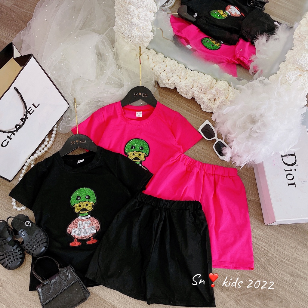 [ XẢ HÀNG] Bộ cộc tay bé gái, bộ cotton hình vịt thêu kim sa cho bé size 20-35kg