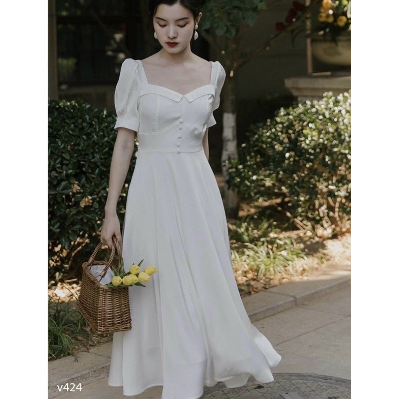 Đầm maxi trắng cổ v - váy chụp ảnh cưới