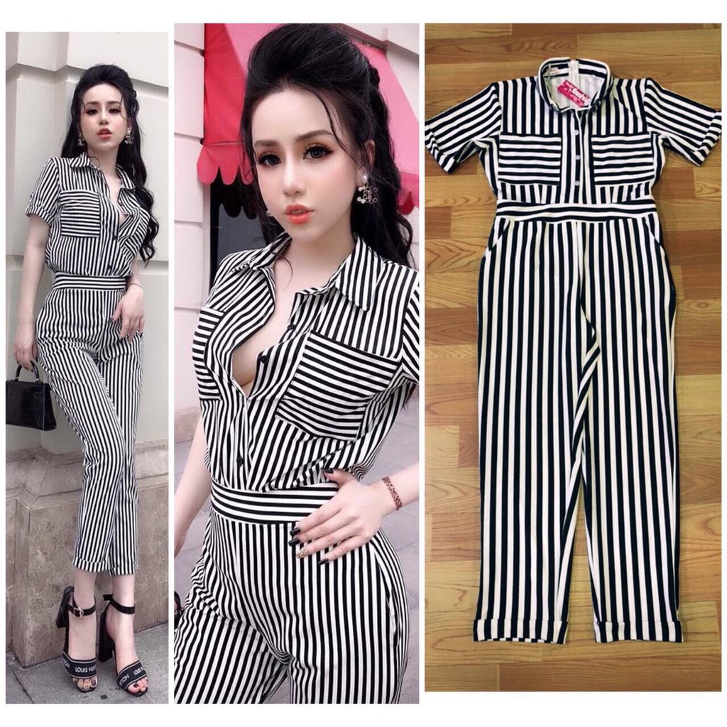 Jum 💕FREESHIP💕Jumpsuit sọc cổ sơ mi tay ngắn 2 túi xinh xắn TJ929 | WebRaoVat - webraovat.net.vn