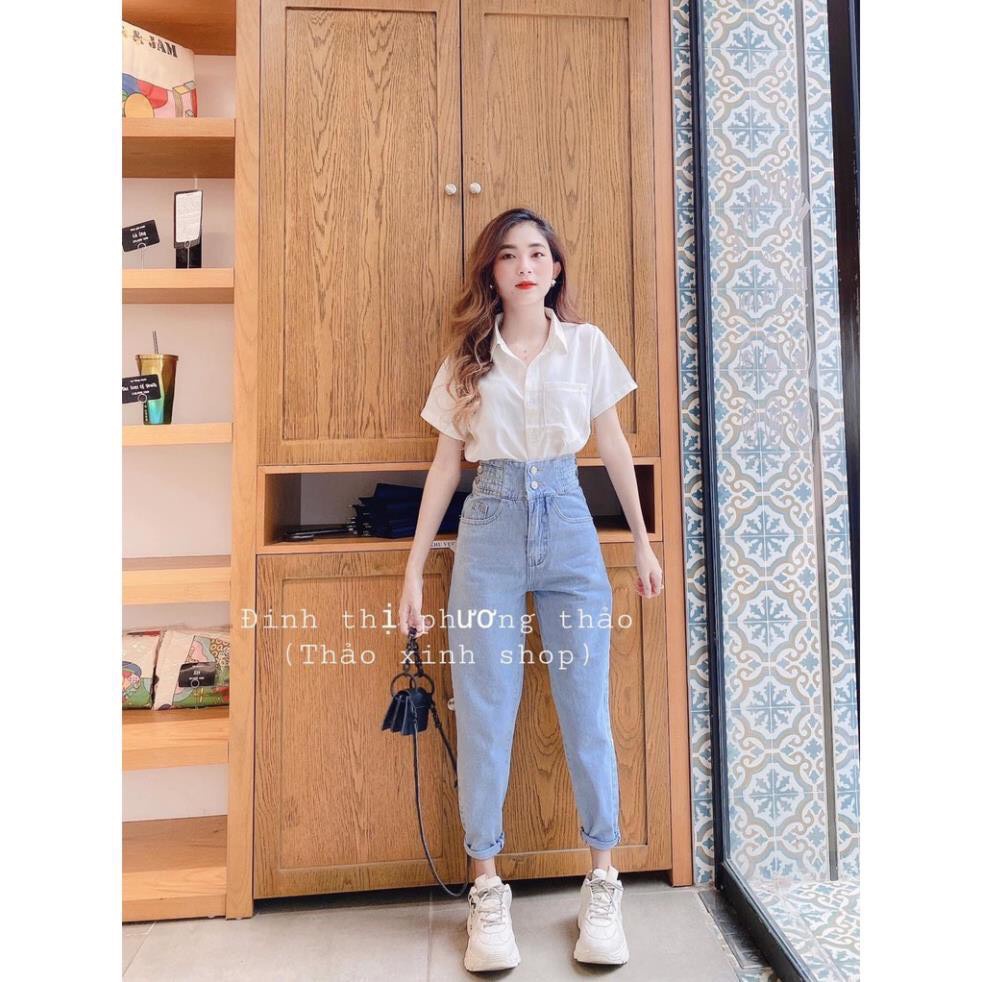 Quần baggy jeans bò nữ cạp cao 2 khuyu, Quần bò trơn lưng cao chất mịn đẹp
