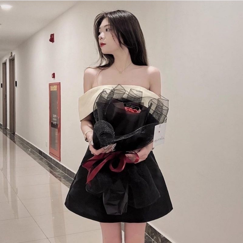 Váy trễ vai nơ lưng chất tafta có sẵn đệm mút cao cấp ( ảnh thật ) | BigBuy360 - bigbuy360.vn