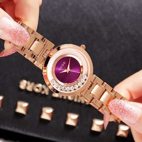 Đồng hồ đeo tay nữ chính hãng Guou dây thép vàng hồng đá chạy đẹp chống nước 8039