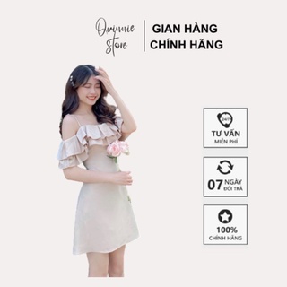 Váy 2 dây trễ vai ngực bèo, đầm trễ vai 2 dây phối bèo dáng chữ a trẻ trung xinh xắn