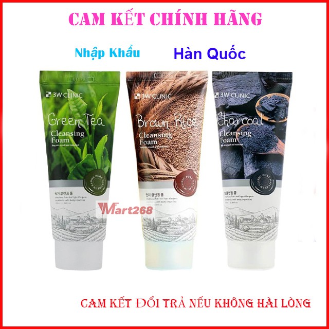 [CAM KẾT CHÍNH HẢNG]Sữa Rửa Mặt 3W Clinic Hàn Quốc 100ml, Lúa Mạch, Trà Xanh, Than Hoạt Tính, Collagen Làm Trắng Da