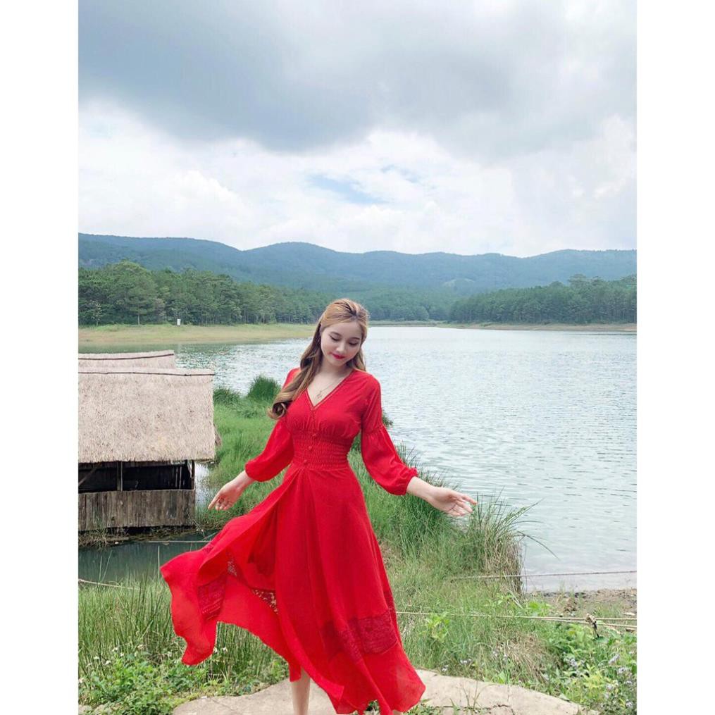 Đầm maxi đỏ phối ren xẻ tà [HÀNG CHẤT LƯỢNG] | BigBuy360 - bigbuy360.vn