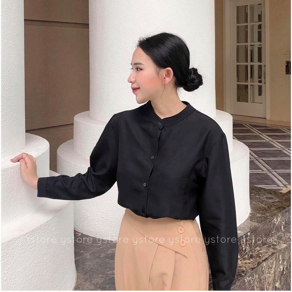 SƠ MI NỮ CÔNG SỞ - CỔ TRỤ TAY DÀI - CỔ TÀU CÓ TÚI