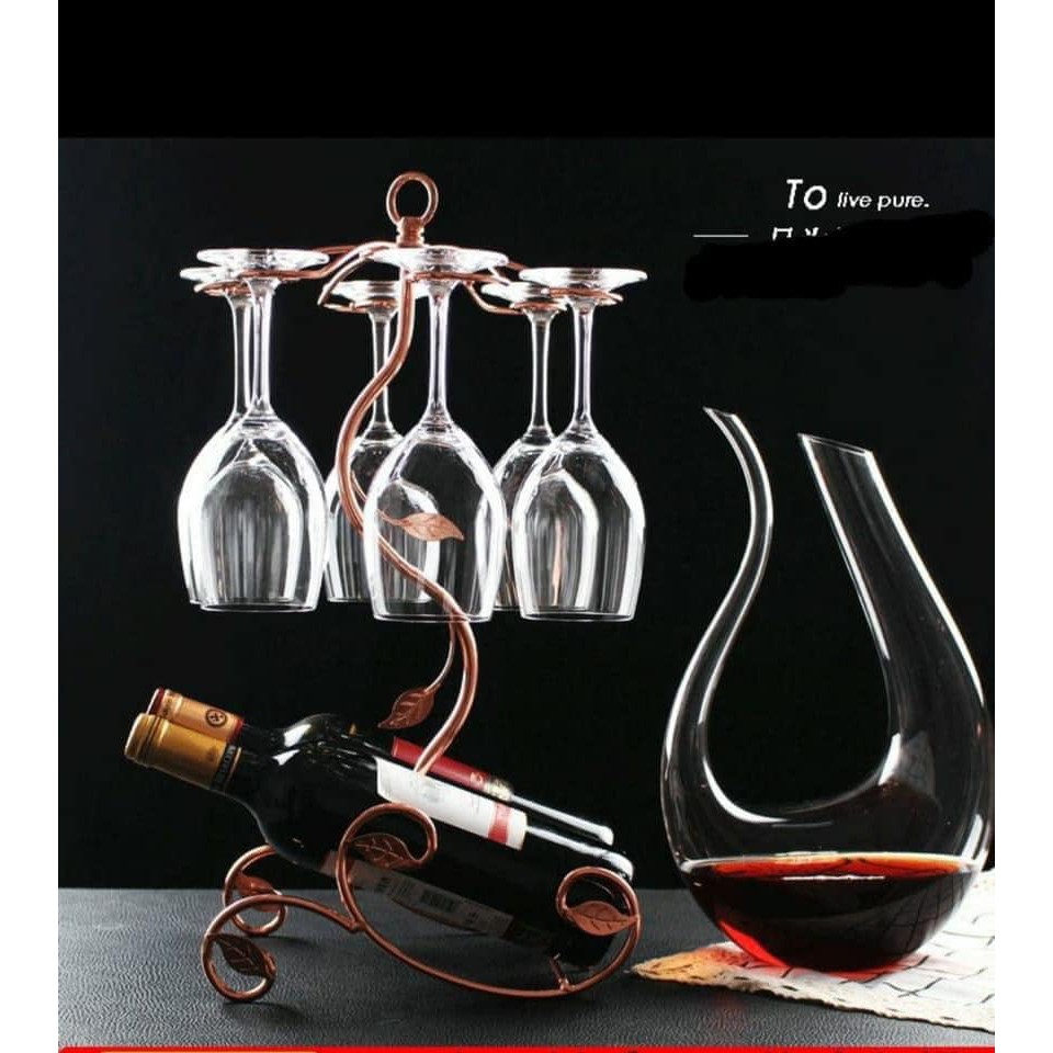 Combo giá treo ly vang + 6 ly vang pha lê + bình thở Decanter pha lê cao cấp