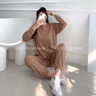 Set sweater áo nỉ hạt gạo phối quần bomber bo gấu bộ thể thao