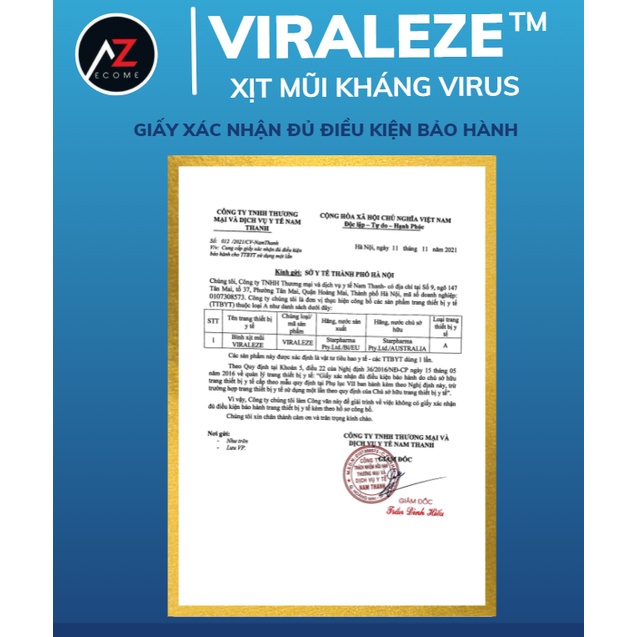 Bình xịt mũi VIRALEZE Dung tích 10ml nhập khẩu từ Australia, hàng chính hãng, được cấp phép lưu hành, có check mã vạch