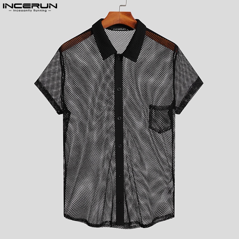INCERUN Áo Sơ Mi Lưới Tay Ngắn Trong Suốt Cài Khuy Thời Trang Cho Nam