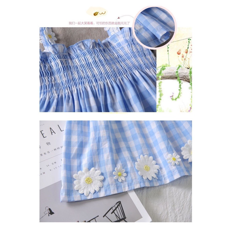 Đầm công chúa 2 dây họa tiết caro phối hoa thời trang cho bé gái