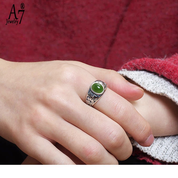 Nhẫn Mạ Bạc 925 Đính Ngọc Lục Bảo Cỡ A7 Thời Trang Cho Nam