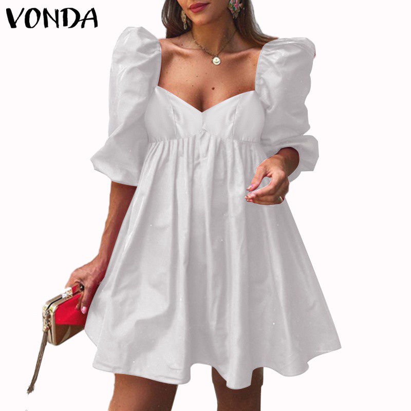 Đầm Midi Tunic Vonda Dáng Chữ A Tay Phồng Ngắn Màu Trơn Phong Cách Thanh Lịch Thời Trang Thường Ngày Cho Phụ Nữ