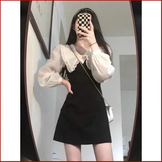 Đầm đen covas đầm chữ a công sở dáng sơ mi phối trắng cổ peter bèo tay dài phồng đẹp thời trang .