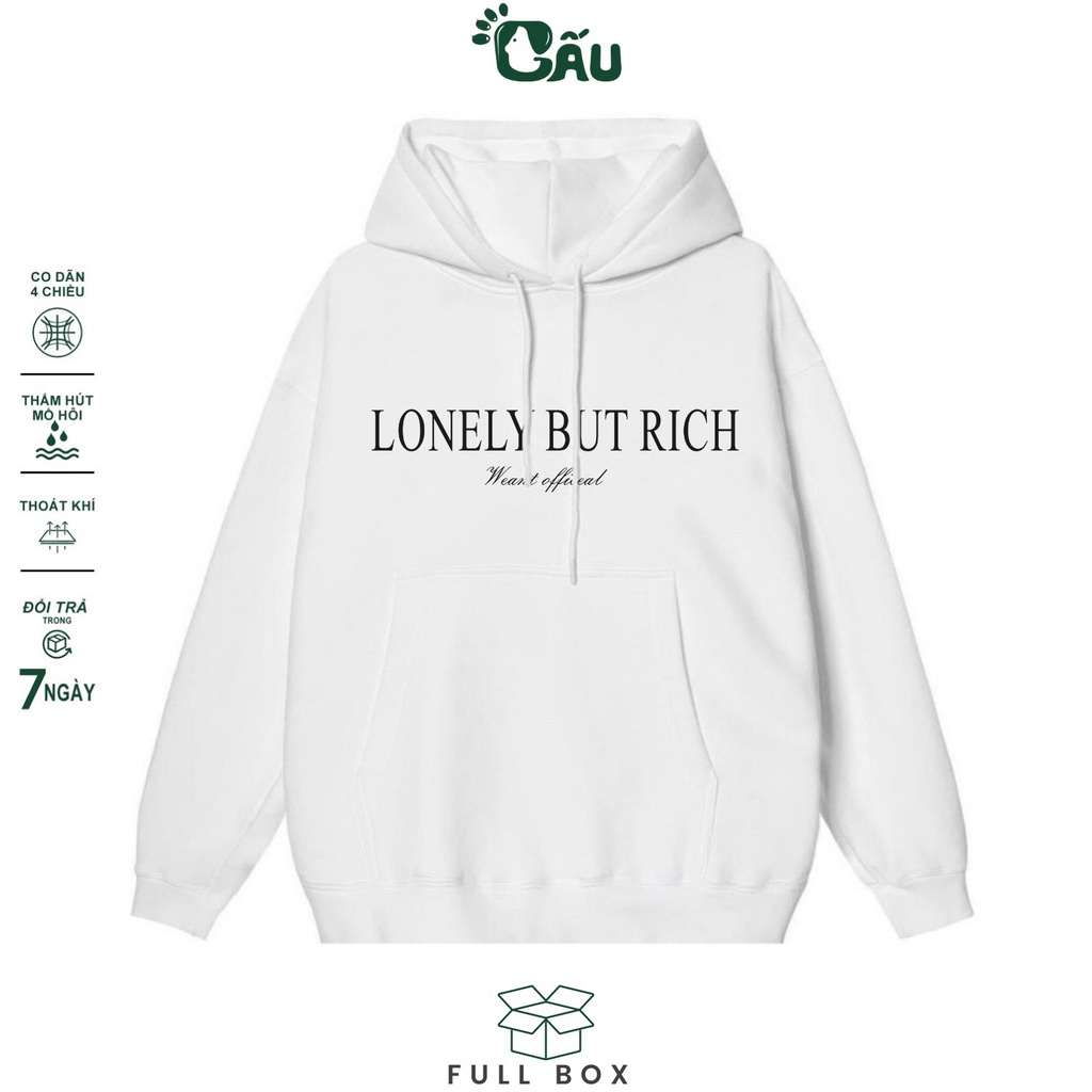 Áo hoodie GẤU 194 vải thu đông co dãn, dày dặn mềm mịn form rộng phong cách Unisex - HD Lonely But Rich