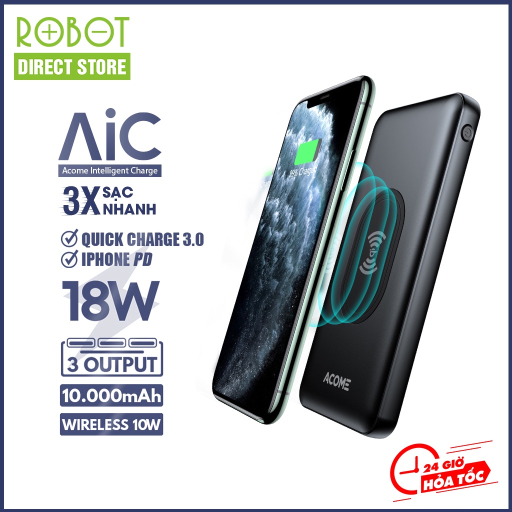 Pin Sạc Dự Phòng 10.000mAh ACOME AP106 Hỗ Trợ Sạc Nhanh Không Dây 10W QC3.0 2 Output 2 Input Sạc Đồng Thời 3 Thiết bị