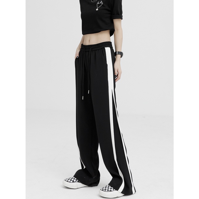 Quần Dài Thể Thao Ống Rộng Kẻ Sọc Màu Đen Phối Màu Thời Trang Hàn Quốc Cho Nữ