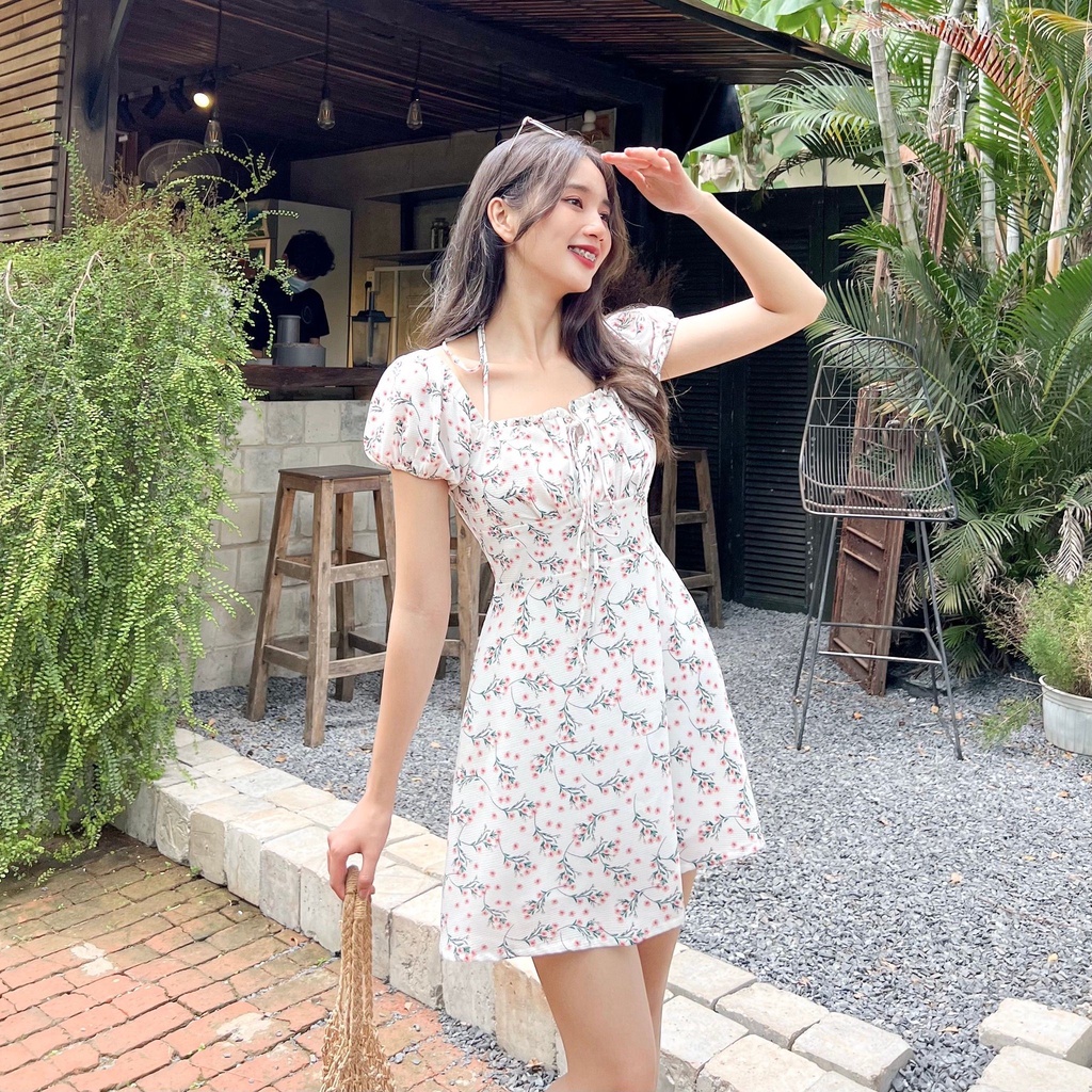 Đâm ANNA - Đầm hoa nhún ngực cột cổ