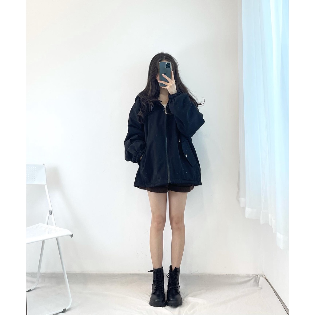 (FREESHIP) áo khoác hoodie hai mặt  lông và kaki miho.house