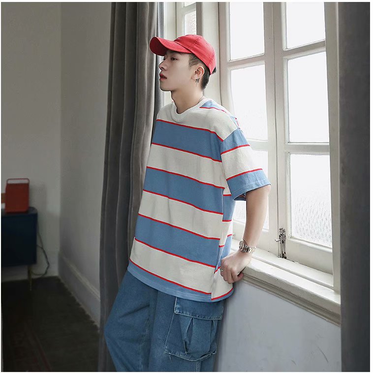 Áo thun tay ngắn họa tiết sọc ngang phong cách hiphop có 4 màu tùy chọn size M-8XL