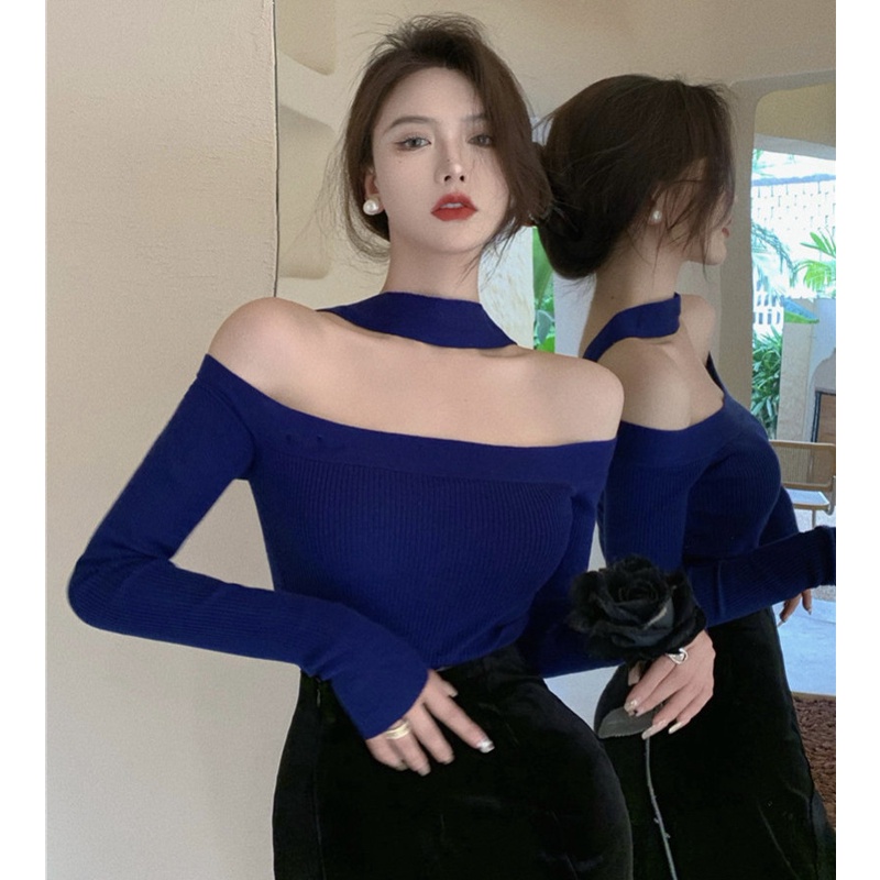 Áo dệt kim tay dài hở vai dáng ngắn thời trang mùa thu