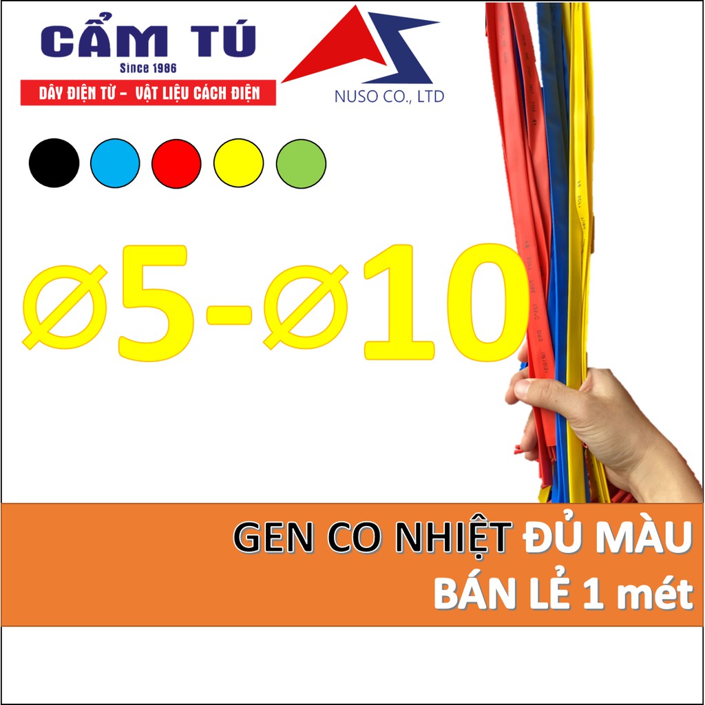 [1m]Gen co nhiệt cách điện màu xanh-đỏ-vàng-đen từ 5-6-8-10mm