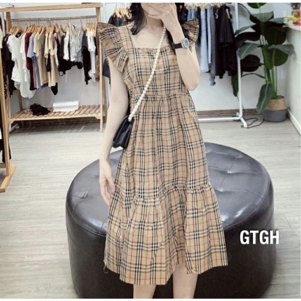 Váy Bầu, Đầm Bầu Thiết Kế Dáng Suông Sọc Caro Tay Bèo Chất Lụa Hàn Mềm Mát A057 Lin Store66