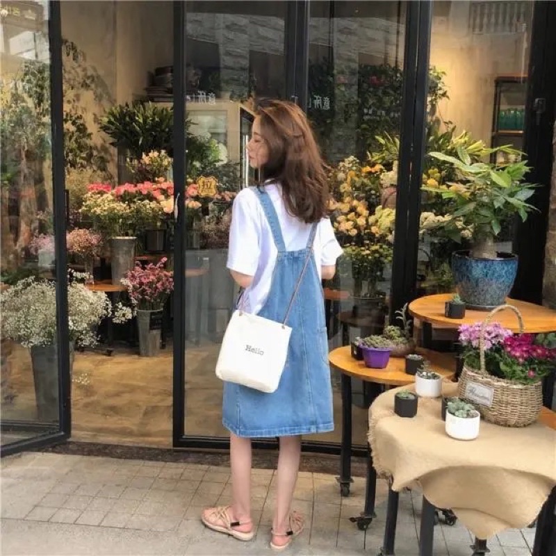 Váy Yếm Jean Nữ Màu Xanh Có Túi Trước Phom Rộng, Yếm Bò Basic Có Dây Điều Chỉnh Phong Cách Hàn Quốc Loại 1 Đủ Size