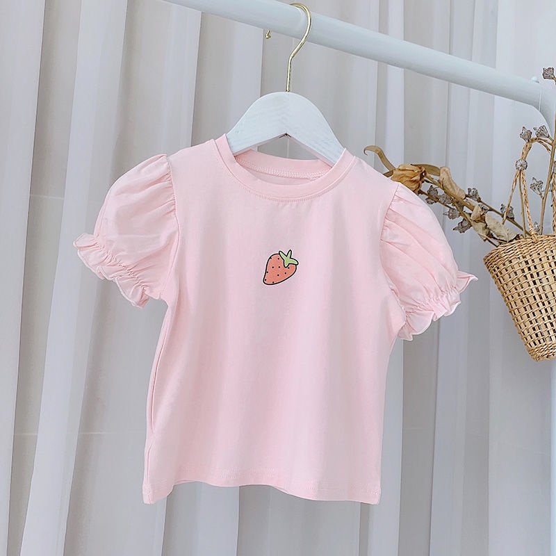 Áo thun tay ngắn phồng in hoạt hình dâu tây kiểu Hàn Quốc thời trang mùa hè cho bé gái