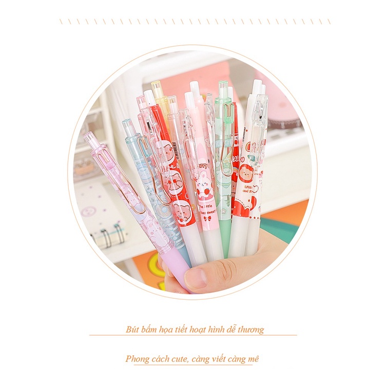 Bút bi bấm cute họa tiết hoạt hình sinh động hai loại set 3 và set 6 bút bi