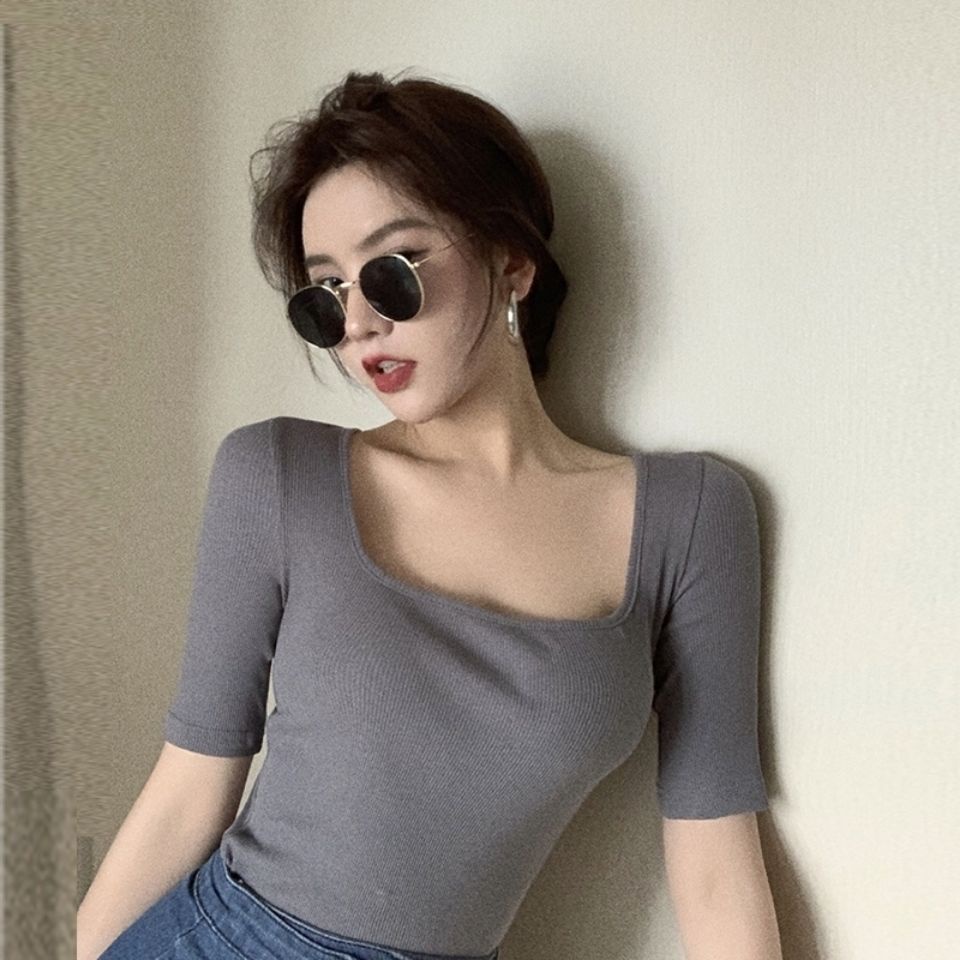 Áo Thun Dệt Kim Cổ Vuông Tay Ngắn Hở Vai Màu Trơn Thời Trang Dành Cho Nữ