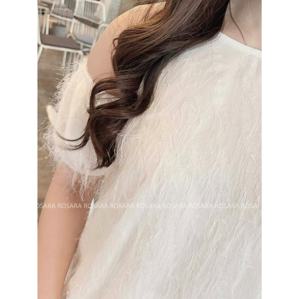 Áo Trễ Vai Trắng Ngắn Tay Suông Họa Tiết Tua Rua Thời Trang Nữ Rosara SM112