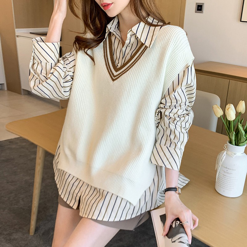 NUZIRO  Áo dệt kim cổ chữ V phong cách retro Hàn Quốc dành cho nữ