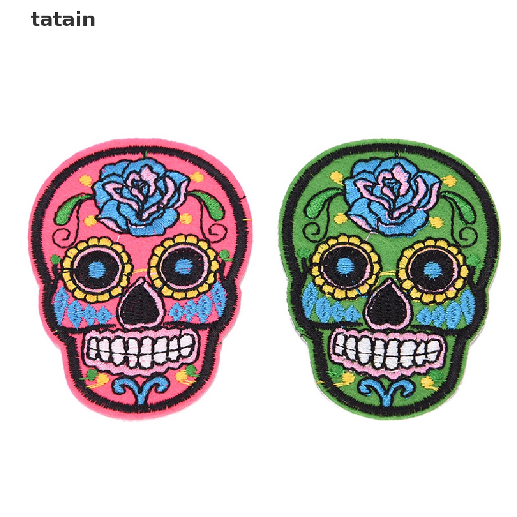 [TAT] 8Pcs iron on patches for clothes sew-on embroidered patch applique rose skull CVX
