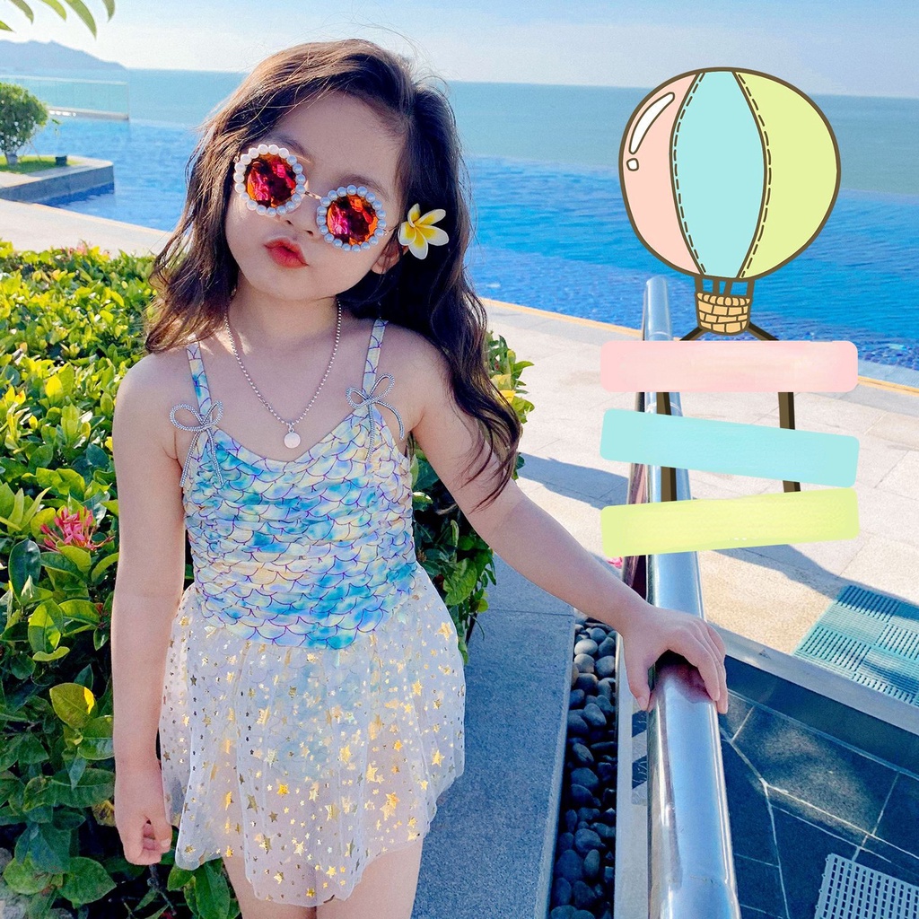 Đồ Bơi Một Mảnh Hai Dây Họa Tiết Vảy Cá Dễ Thương Cho Bé Gái